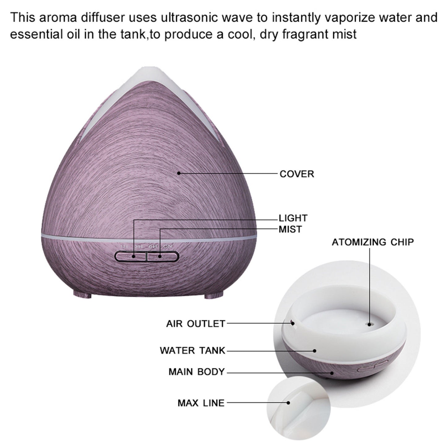 Essential Oils Ultrasonic Aromatherapy Diffuser Air Humidifier Purify 400ML - Light Wood