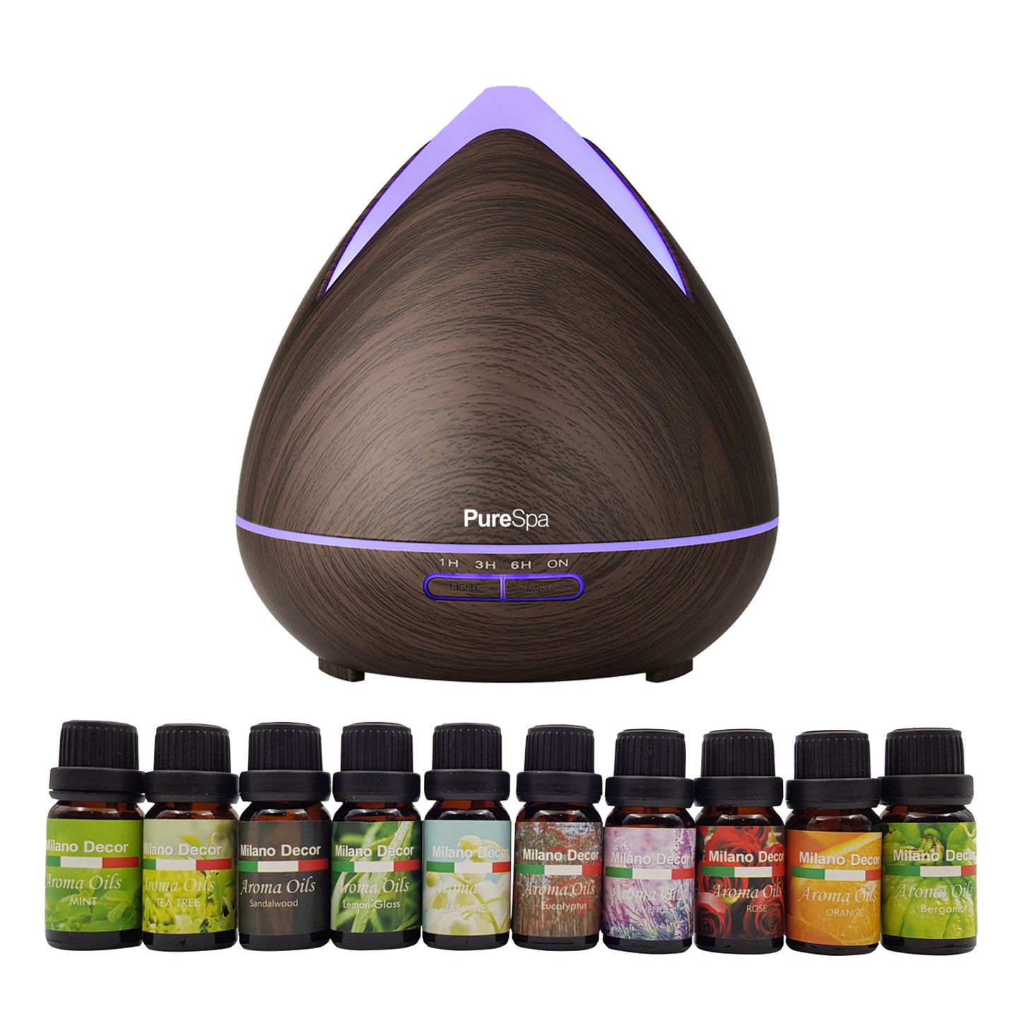 A Purespa diffuser from ZenDiffusers.com.au, featuring an LED light in a soothing wood grain design, emits a tranquil glow behind ten elegantly labeled bottles. Each bottle in this aromatherapy set offers distinctly colored scents, enhancing your relaxation atmosphere.