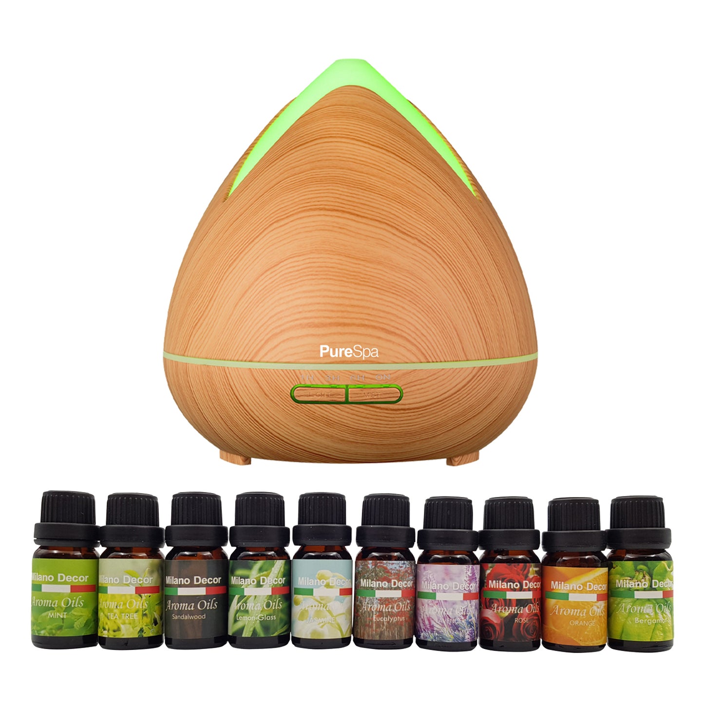 A PureSpa diffuser set from ZenDiffusers.com.au features an elegant white design with a calming green LED light and comes with a complete diffuser oil set of ten different essential oils, perfect for enhancing your aromatherapy experience.