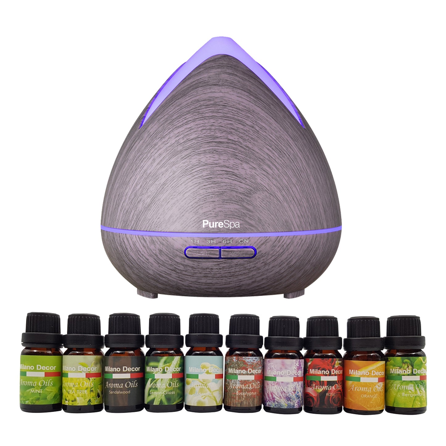 The Purespa Diffuser Set by ZenDiffusers.com.au, with its soothing blue light and elegant woodgrain-patterned design, enhances the ambiance behind a neatly arranged row of ten small diffuser oil bottles. Each bottle in this inviting aromatherapy set features a uniquely colored label and is finished with a sleek black cap.