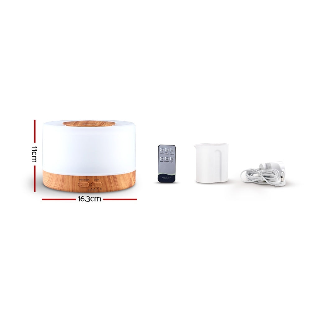 DEVANTI Aroma Diffuser Aromatherapy LED Night Light Air Humidifier Purifier Round Light Wood Grain 500ml Remote Control - ZenDiffusers.com.au