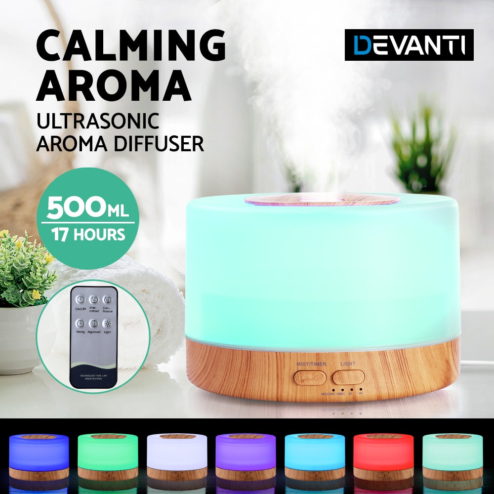 DEVANTI Aroma Diffuser Aromatherapy LED Night Light Air Humidifier Purifier Round Light Wood Grain 500ml Remote Control - ZenDiffusers.com.au