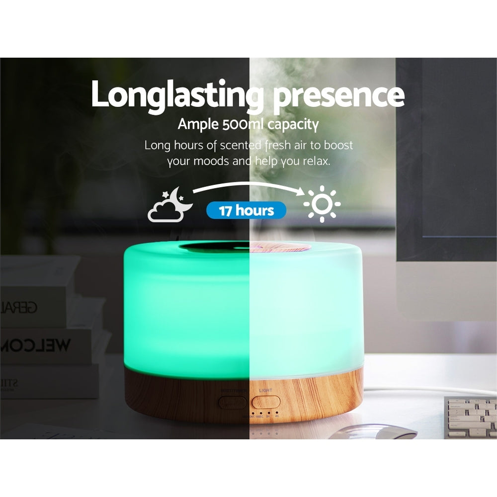 DEVANTI Aroma Diffuser Aromatherapy LED Night Light Air Humidifier Purifier Round Light Wood Grain 500ml Remote Control - ZenDiffusers.com.au