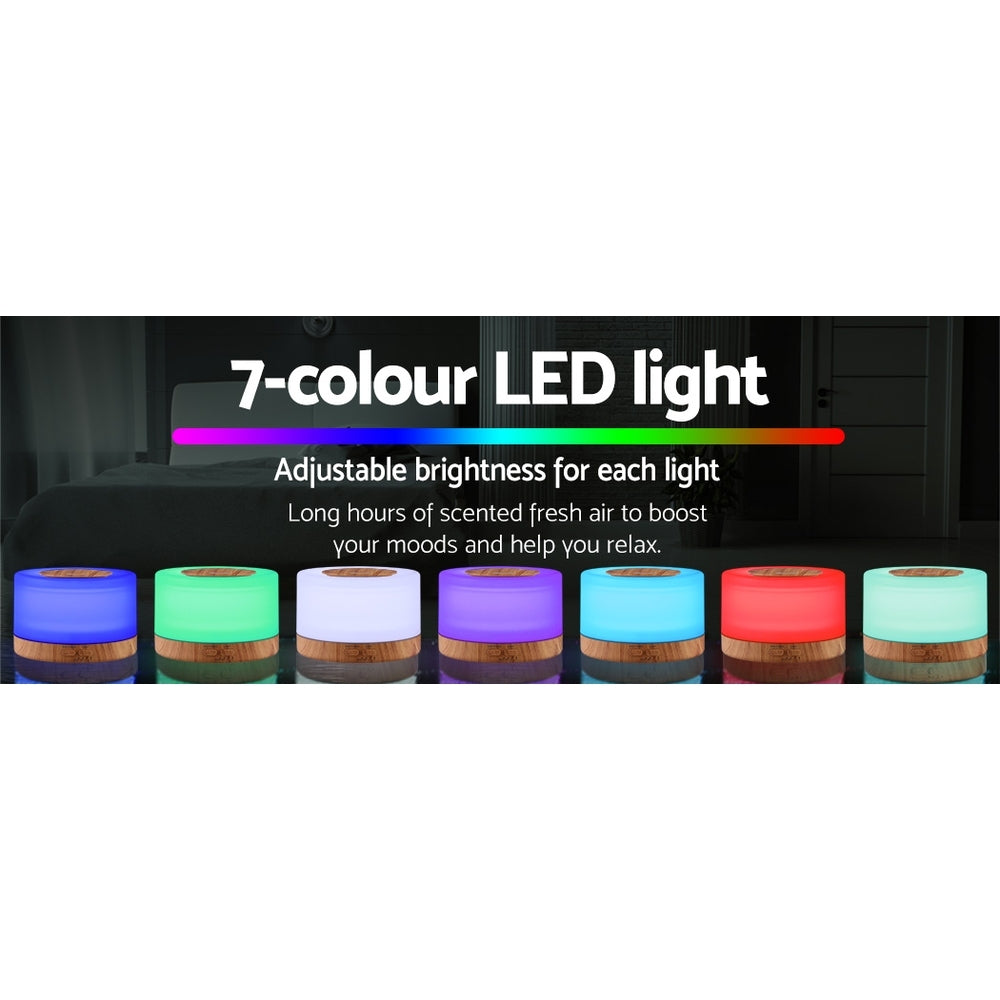 DEVANTI Aroma Diffuser Aromatherapy LED Night Light Air Humidifier Purifier Round Light Wood Grain 500ml Remote Control - ZenDiffusers.com.au