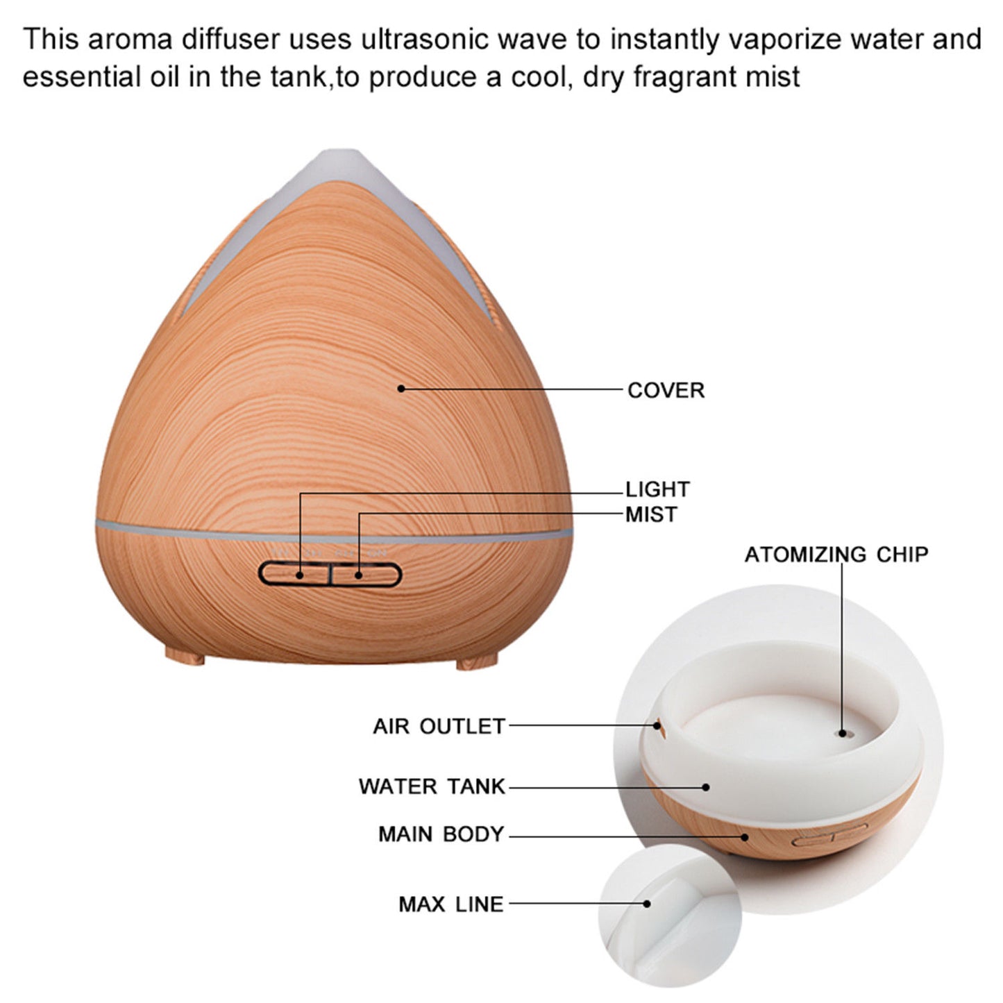 Essential Oils Ultrasonic Aromatherapy Diffuser Air Humidifier Purify 400ML - Light Wood - ZenDiffusers.com.au