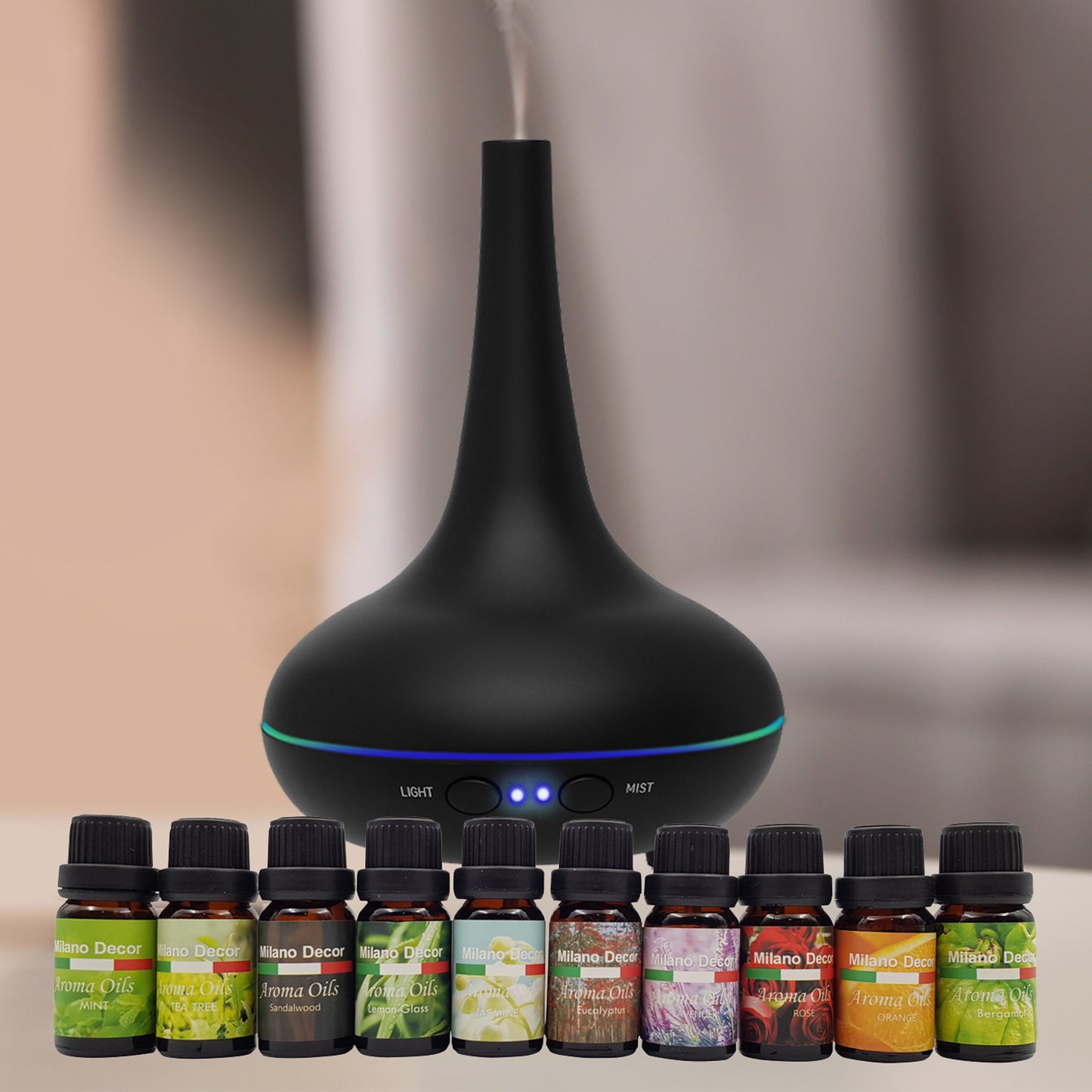 Milano Aroma Diffuser Set With 13 Pack Diffuser Oils Humidifier Aromatherapy - Black - ZenDiffusers.com.au