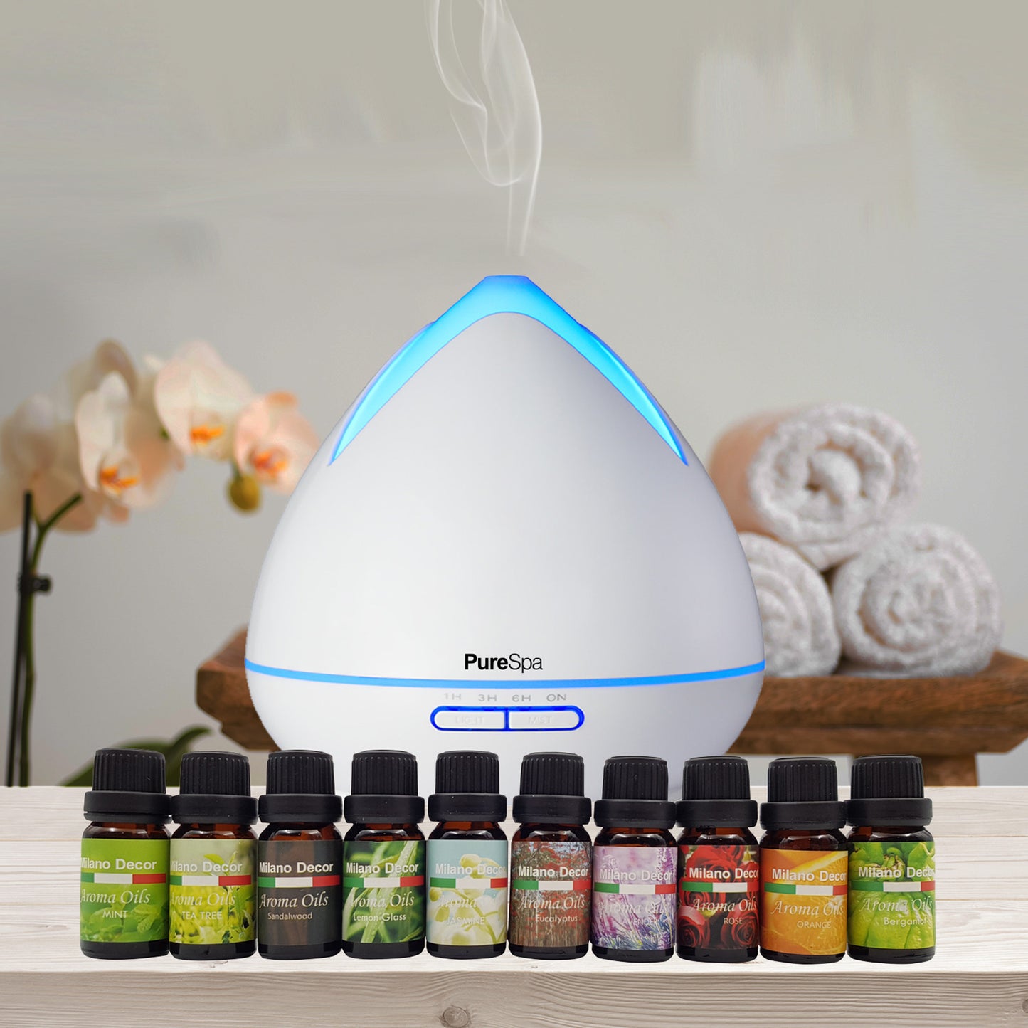Purespa Diffuser Set With 10 Pack Diffuser Oils Humidifier Aromatherapy - White - ZenDiffusers.com.au