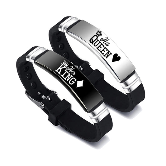 Black Silver Her King His Queen Couple Bracelets. Crafted with high-quality materials