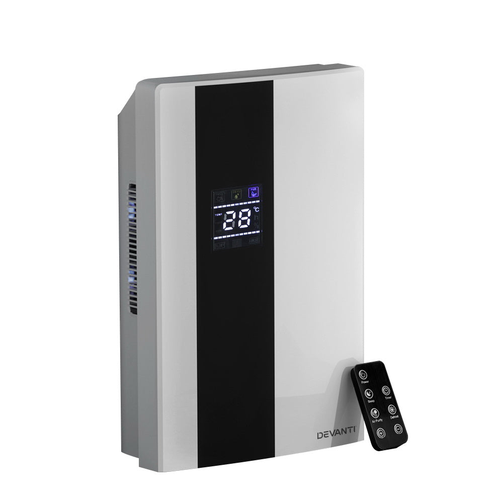 Introducing the Zen Eunoia's Devanti 2L Dehumidifier Air Purify Black: a wall-mounted black and white unit featuring a digital display set at 28°C. Complete with a compact remote control, this versatile device not only heats your room but also serves as an air purifier, ensuring cleaner indoor air.