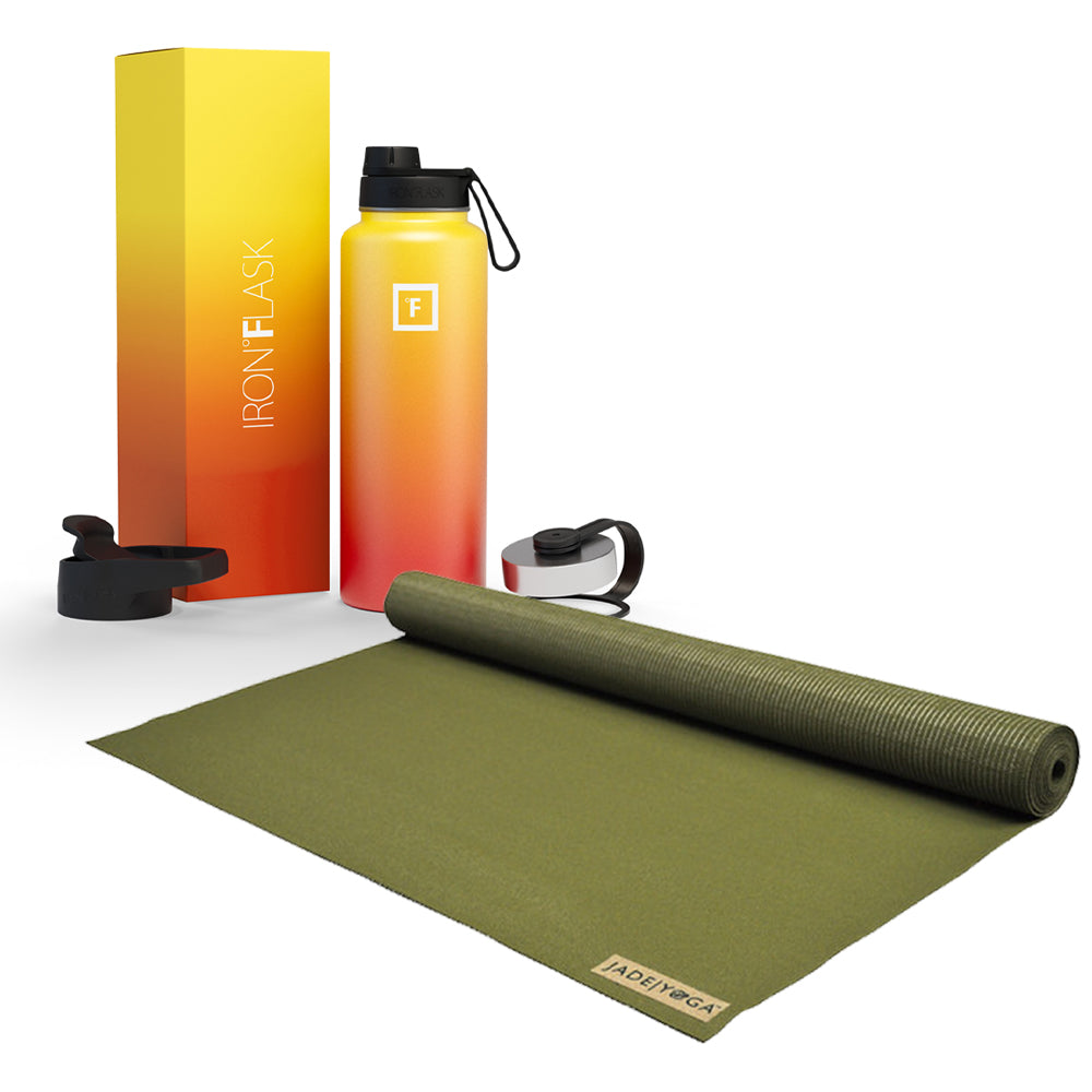 Jade Yoga Voyager Mat - Midnight & Iron Flask Wide Mouth Bottle with Spout Lid, Fire, 32oz/950ml Bundle