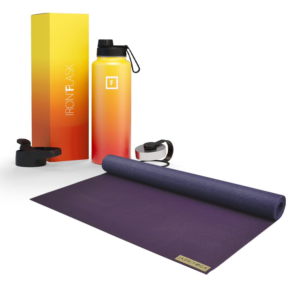 Jade Yoga Voyager Mat - Midnight & Iron Flask Wide Mouth Bottle with Spout Lid, Fire, 32oz/950ml Bundle